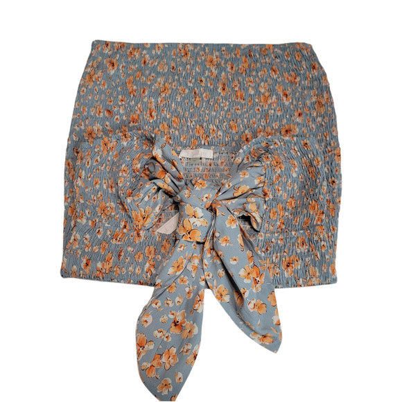 Blush BJ Strapless Mini Smocked Blue Orange Floral Bodycon Dress - Picture 5 of 10